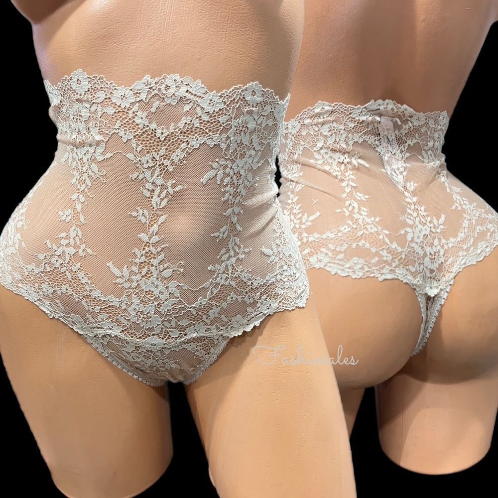 Victorias Secret High-waist Floral Mesh Lace Thong Panty Beige Small